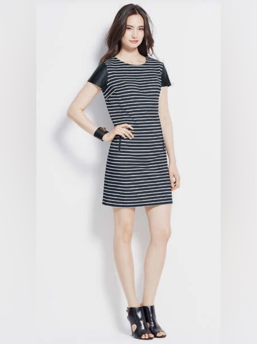 Ann Taylor Navy and White Striped Dress with Faux Leather Sleeves, Size XS
